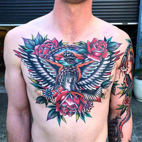 1. Yellow Colored Floral Chest Tattoo. The yellow flower makes a perfect tattoo design on the chest. It does not matter with the color, but the yellow flower represents honesty, truth and faith, giving a new beginning to the tattoo. The addition of leaves makes it look more impressive.